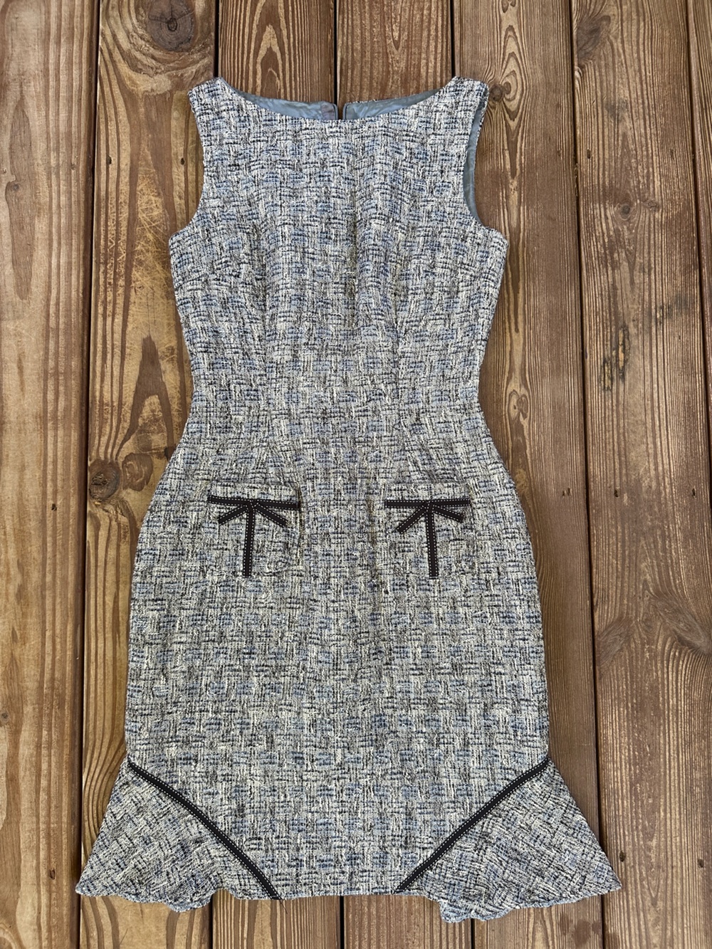 David Meister Tweed Sheath Dress Black Bow Ribbon Size 4